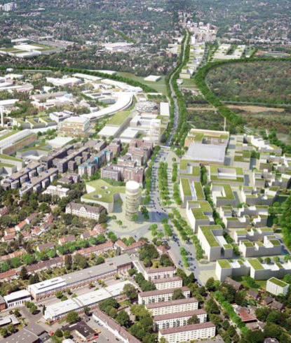 Rendered bird's eye view image of Science City Hamburg Bahrenfeld/ © Spengler Wiescholek Architekten Stadtplaner, WES GmbH Landschaftsarchitekten, Urban Catalyst GmbH Visualisierung: Moka-studio / Matthias Friedel